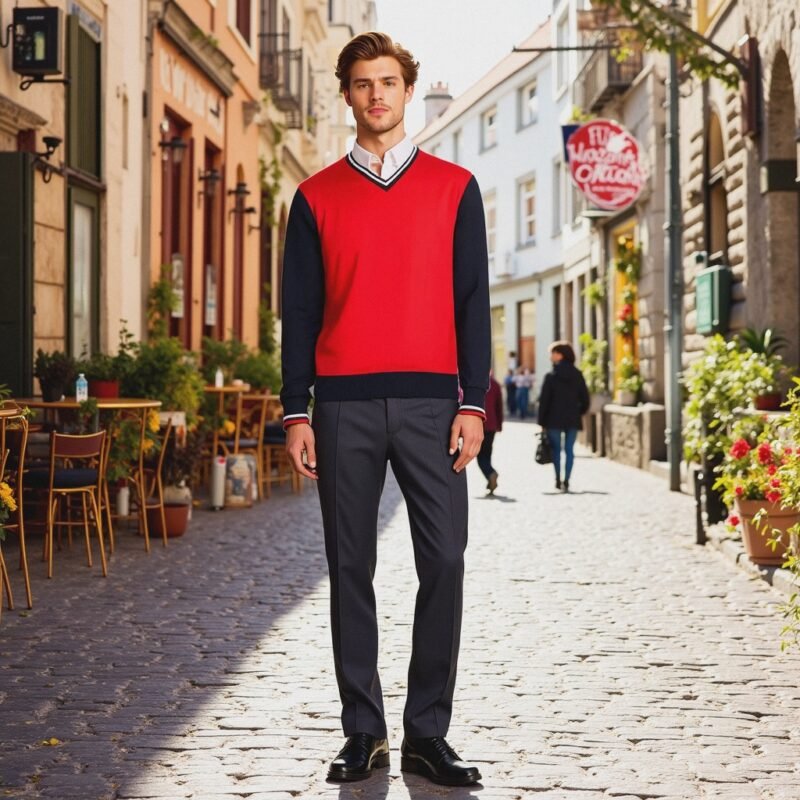 Men's V-Neck Contrast Sleeve Pullover — Style 161373