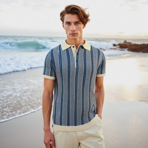 Men’s Short Sleeve Blue Beige Polo Shirt